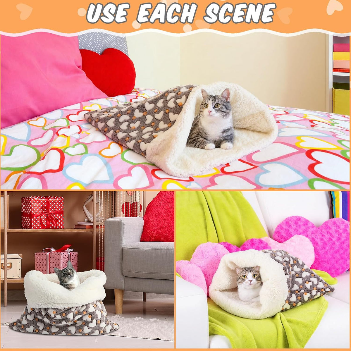 Self Heating Cat Sleeping Bag Indoor Self Warming Cat Bed Cave Heated - Heart / Gray - image 4