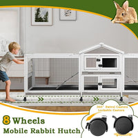 Double Rabbit Hutch Outdoor Indoor Large Bunny Cage with Dual Side Runs, 2-Story Wooden Hutch with 4 Leak Proof Trays, 8 Wheels, Waterproof Roof, Ramp, for Small to Medium Animals