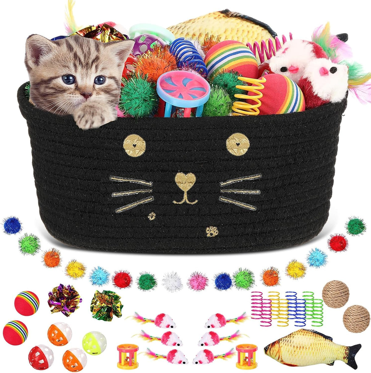 Zopeal 58 Pcs Cat Toy Set with Storage Basket Indoor, Grey - Black / 9.8 Inch
