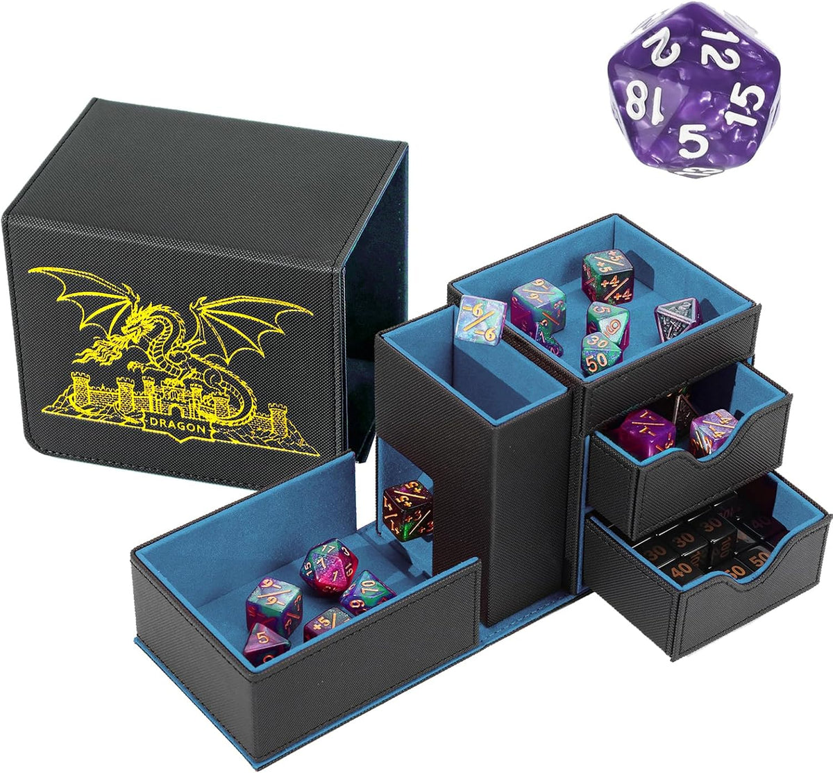 Stepane dice tray and dice tower storage box in black and red PU leather with drawers - view 9