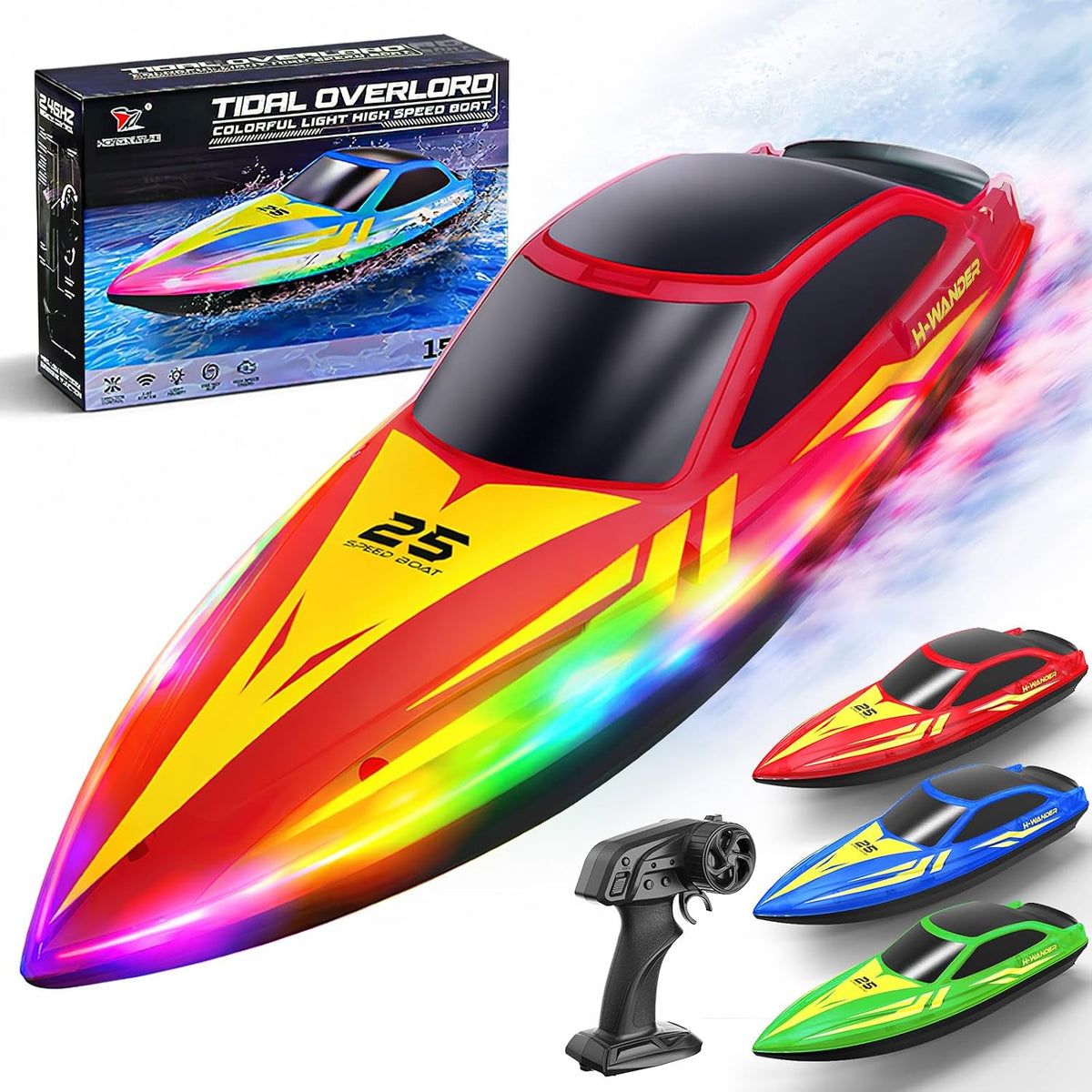 Cirmine 10 inch RC boat with colorful LED lights on the water - view 2