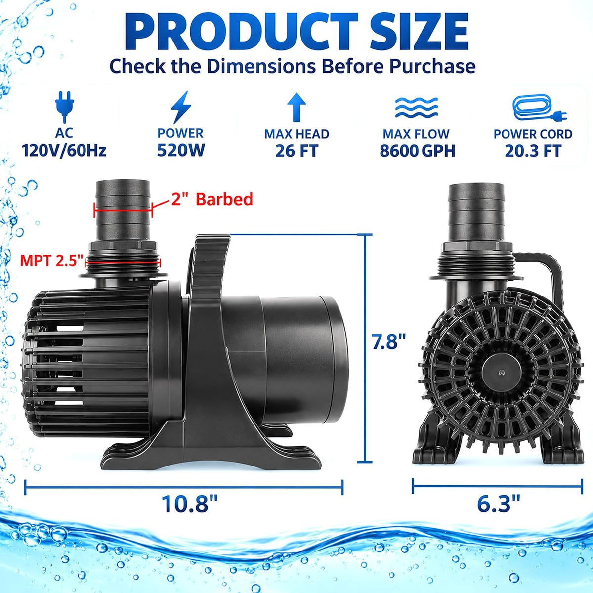 350W 7000 GPH Pond Pump, Ultra Quiet Heavy Duty Submersible Water Pump for Koi Ponds, Fountains - 8600GPH-520W - image 2