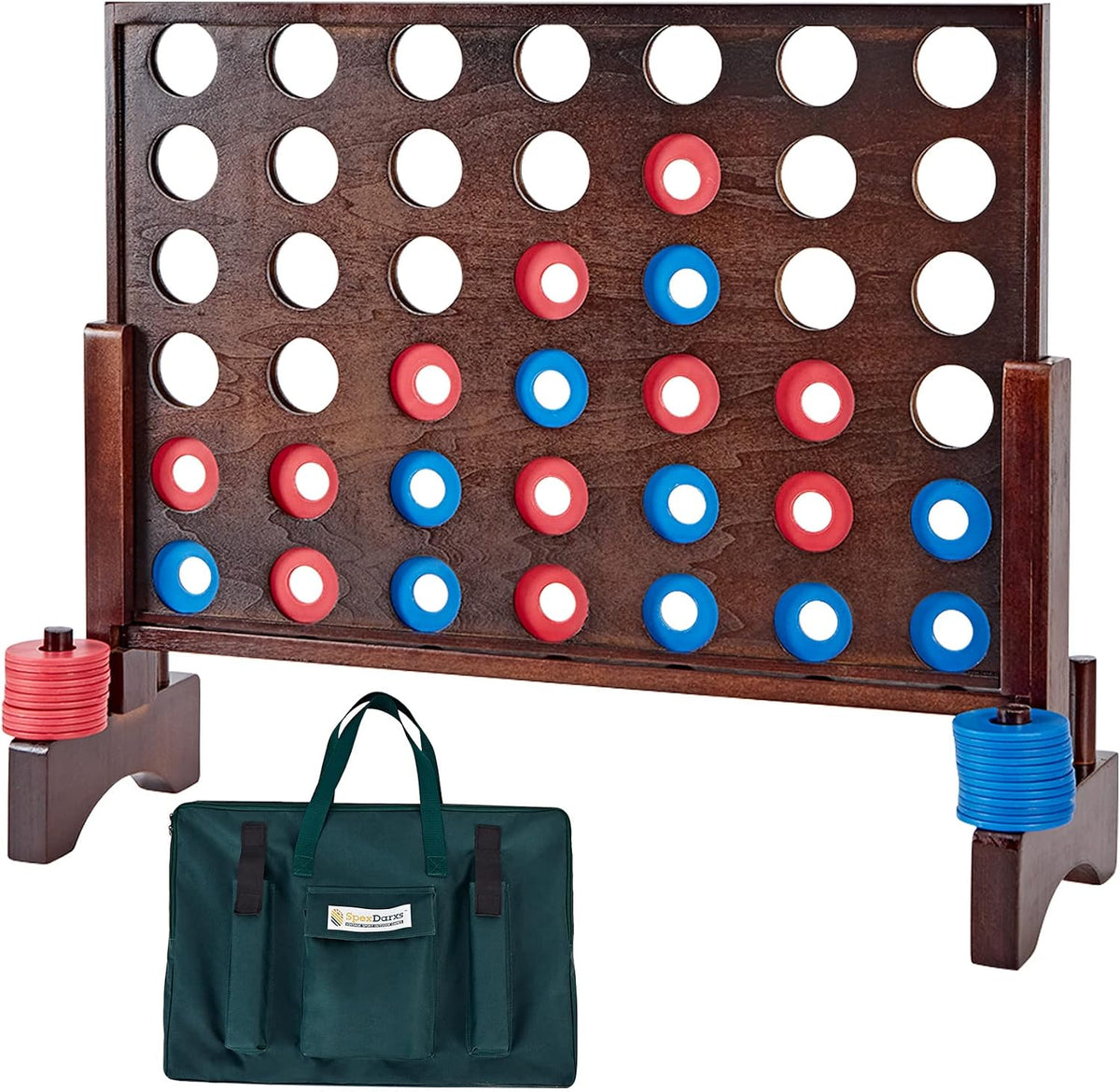 SpexDarxs giant wooden 4 in a row game with chips and carrying bag