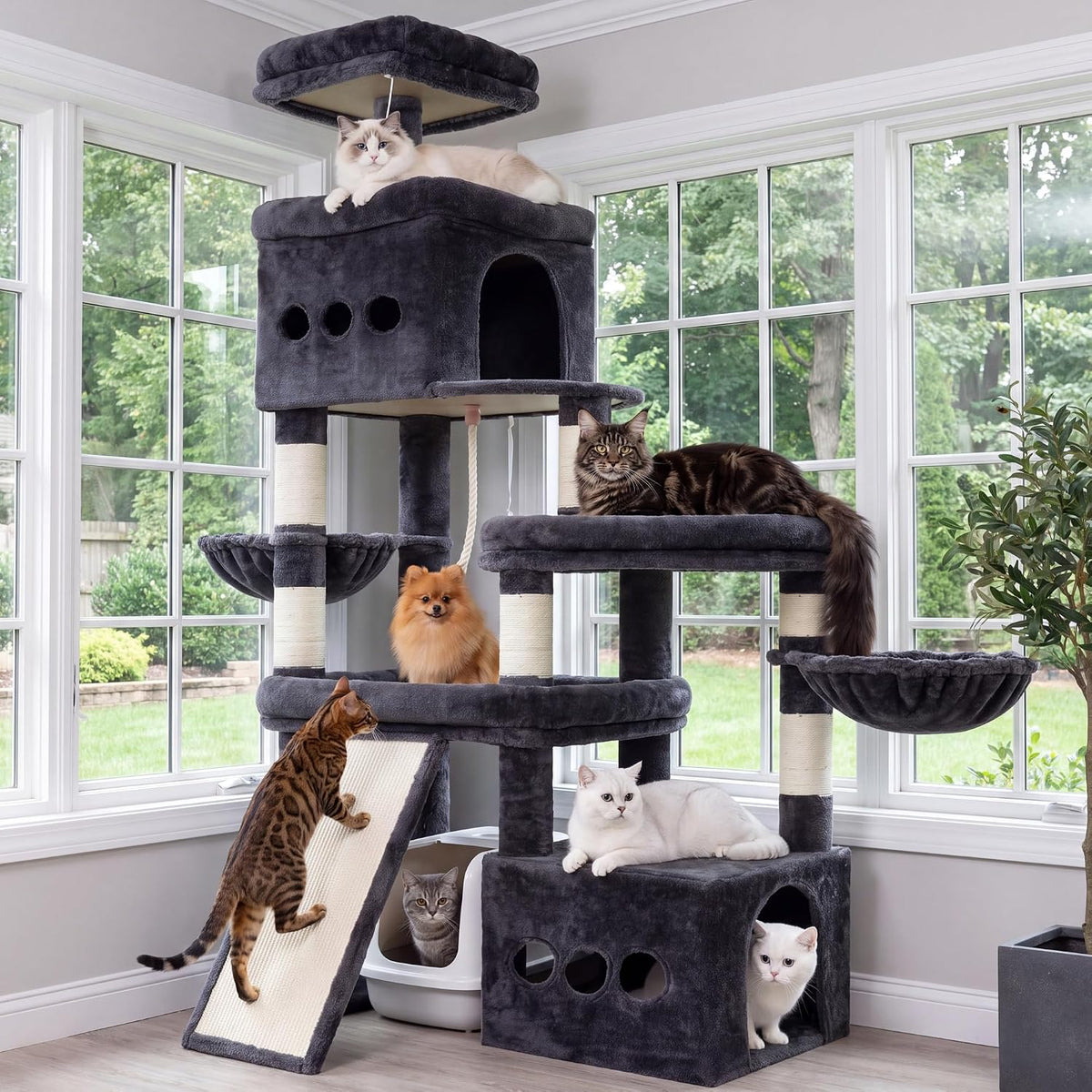Heybly Cat Tree 72.4-Inch Anti-Tip Cat Tower with Spacious Perches - Smoky Gray / 72.4 inch