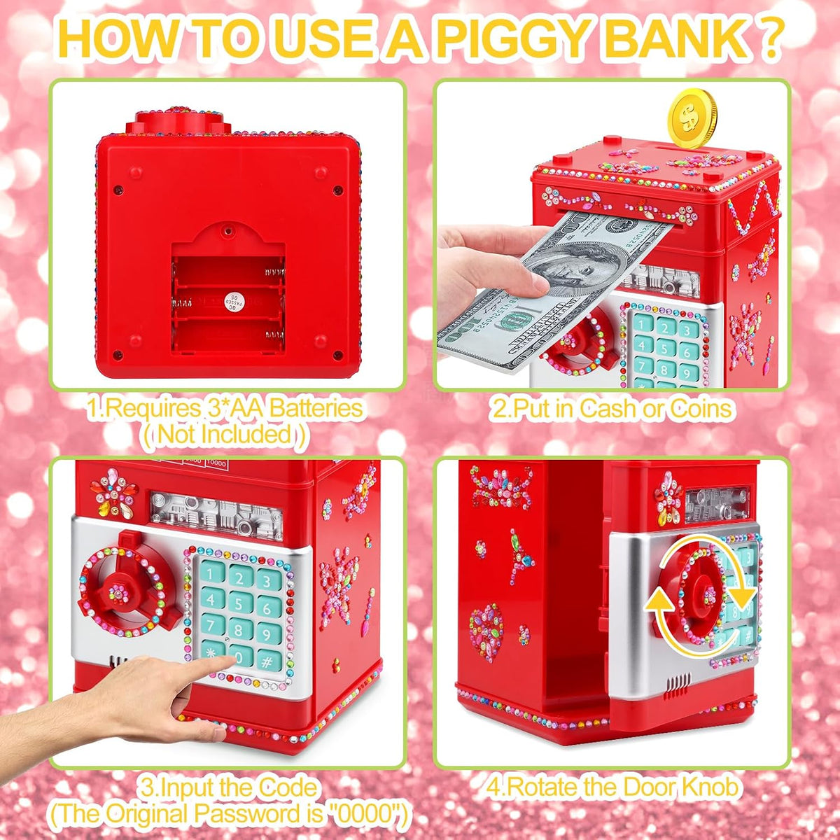 Piggy Bank for Kids Girls Boys with Password Code Lock Cash Coin Can - Red - image 4