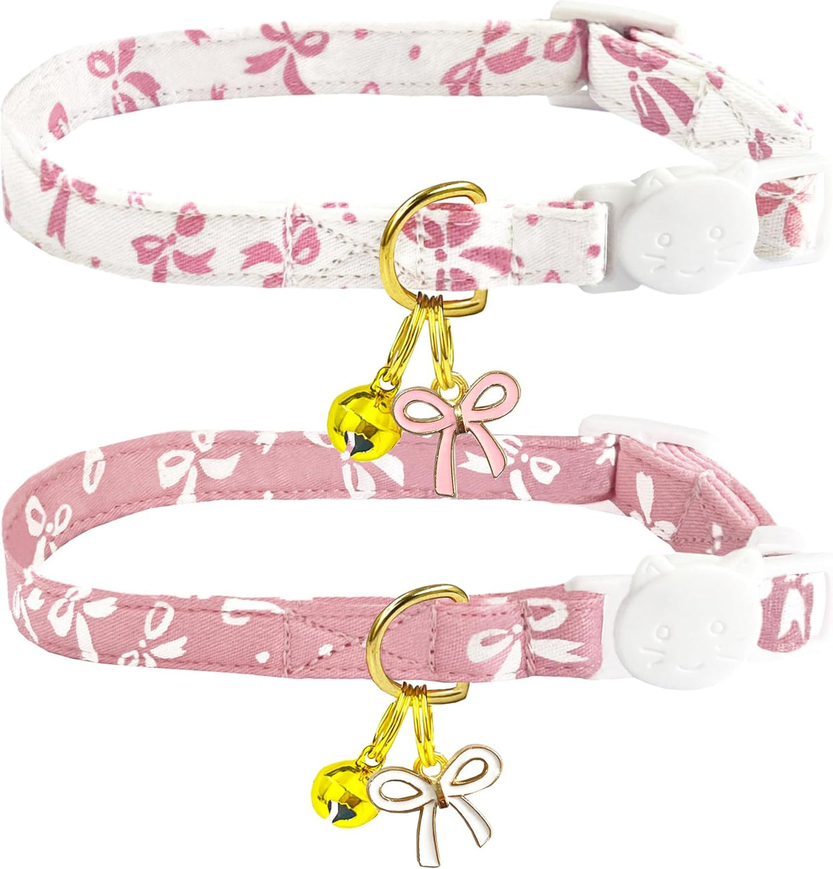 2 Pack Cotton Breakaway Cat Collars Set with Bell and Flower Pendant - bowtie