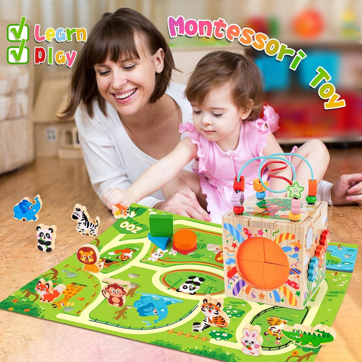 KMTJT 7-in-1 wooden activity cube with bead maze, learning clock and shape sorter - view 5