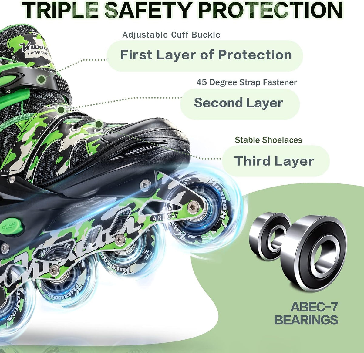 Kuxuan Boys Adjustable Inline Skates with Light up Wheels for Kids - Green Camo / Large(Kids 3-6 US) - image 2