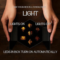 HEIMDALLR liquid core DND dice set in Fenrir's Shadow with glowing LED display box - view 20