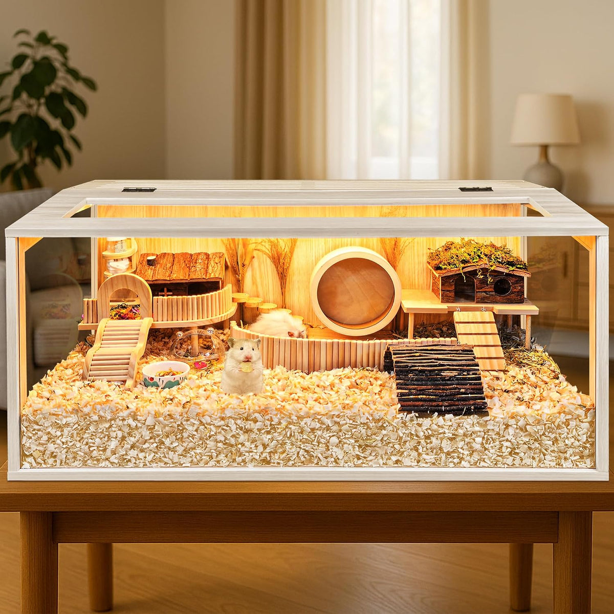 Hamster Cage Chewproof, Large Hamster Cages and Habitats - Natural Oak Wood / 32.0"L x 16.0"W x 16.0"H / Openable Wooden Roof - image 2