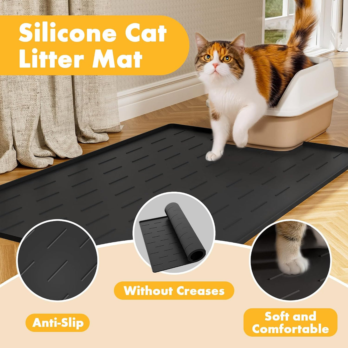 Pieviev Silicone Cat Litter Mat, Traps Litter & Easy to Clean - L-34''x22'' / Black - image 4