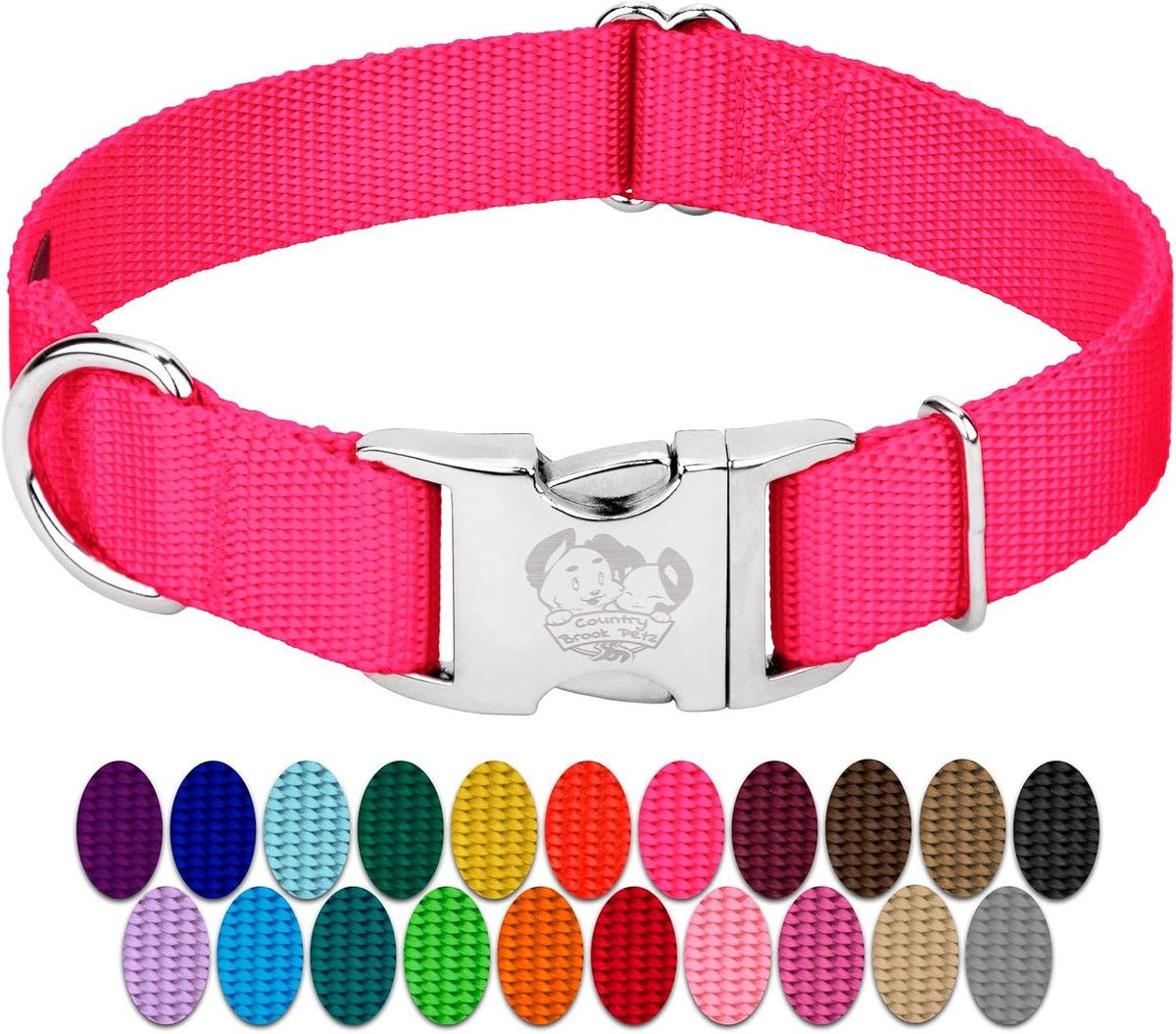 Country Brook Petz - Premium Nylon Dog Collar with Metal Buckle for Small Medium Large Breeds - 30+ - Small (Pack of 1) / Hot Pink
