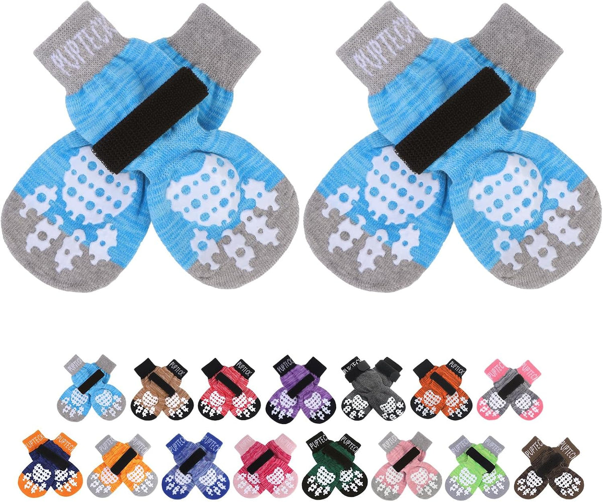 PUPTECK Anti-Slip Dog Socks with Double Sides Grips for Small Medium - Blue / Small (4 Count)