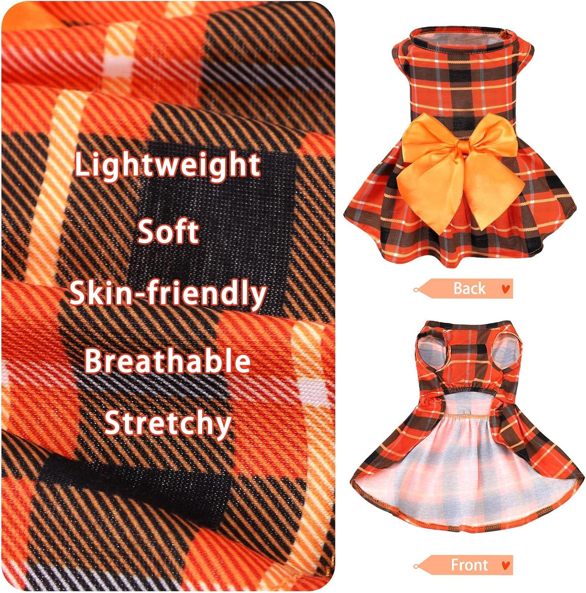 PUPTECK Classic Beige Plaid Dog Dress with Bow Puppy Skirt Clothes M – Essentials for Dogs - Orange(Plaid) / Large - image 2