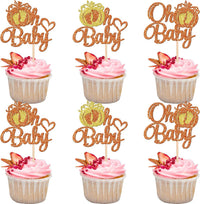 24 PCS Pumpkin Oh Baby Cupcake Toppers Glitter Fall Theme pumpkin - Pattern 1 Orange