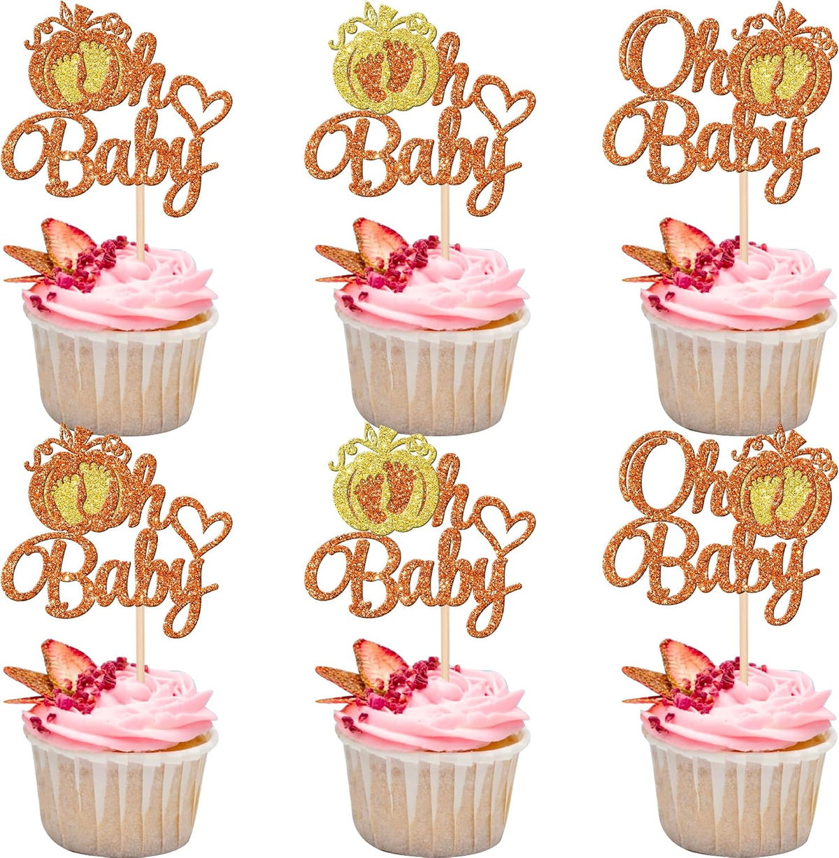 24 PCS Pumpkin Oh Baby Cupcake Toppers Glitter Fall Theme pumpkin - Pattern 1 Orange