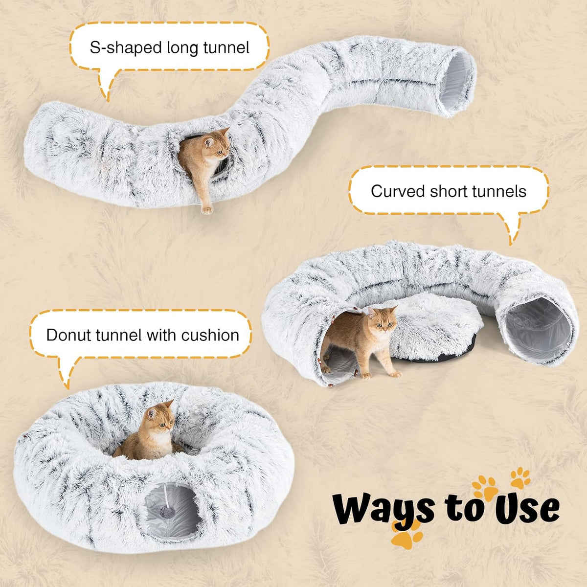 Avont cat tunnel bed in circle shape with plush ball and washable center cushion - view 2