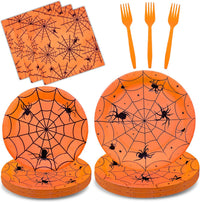 Gistome 96-piece Halloween spider web tableware set with plates, napkins and forks - view 4