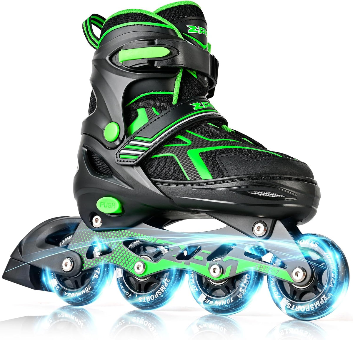2PM SPORTS Adjustable Inline Skates for Kids, Youth and Adults – Fun for Kids & Family - A Green / Large - Youth (4.5-8 US)