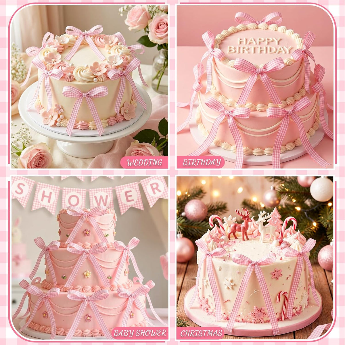 30 Pack Bow Cake Toppers Black Ribbon Bows for Cake Halloween Party - Pink Gingham - image 4