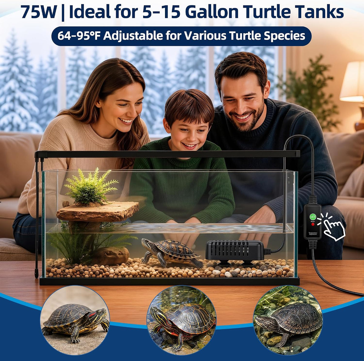 FREESEA Adjustable Turtle Tank Heater: Precise Temperature Control - 75W(5-15gallon) - image 2