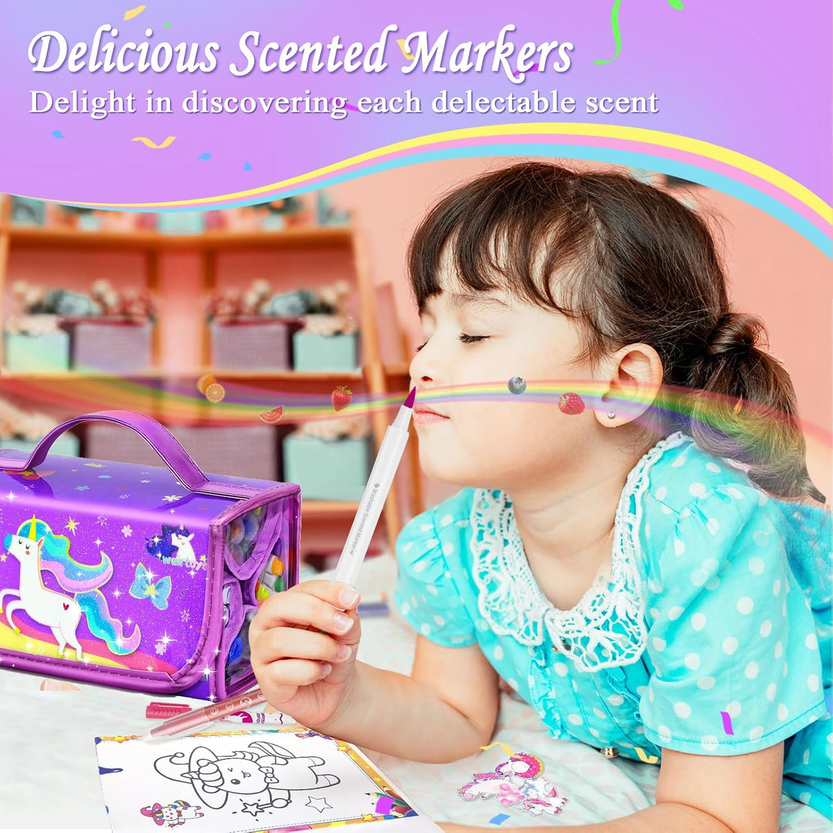 weirtoya 56 PCS Washable Scented Markers Set with Glitter Pencil Case - Purple Unicorn - image 3