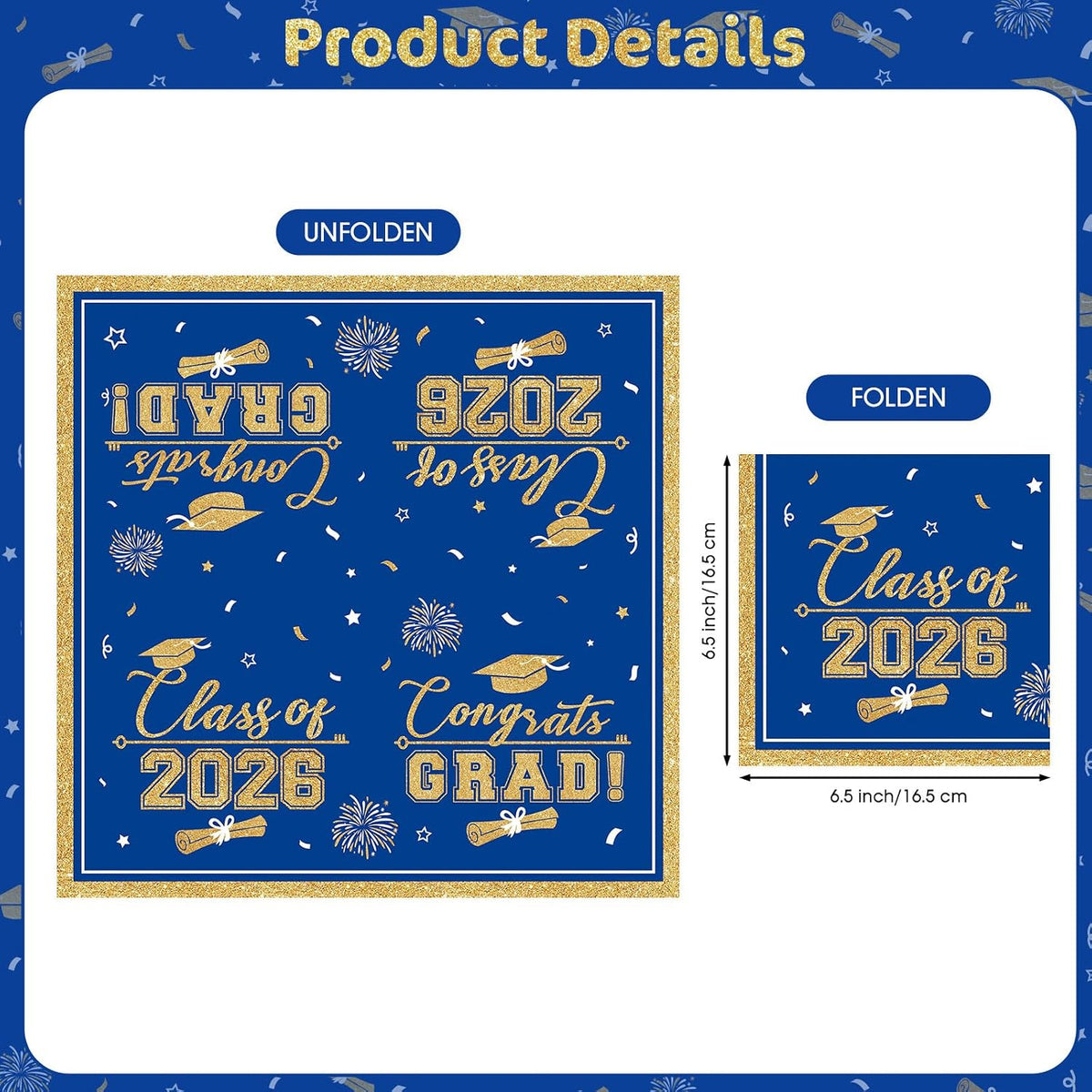 PERFQU Class of 2026 graduation napkins in blue and gold with cap and tassel design - view 12