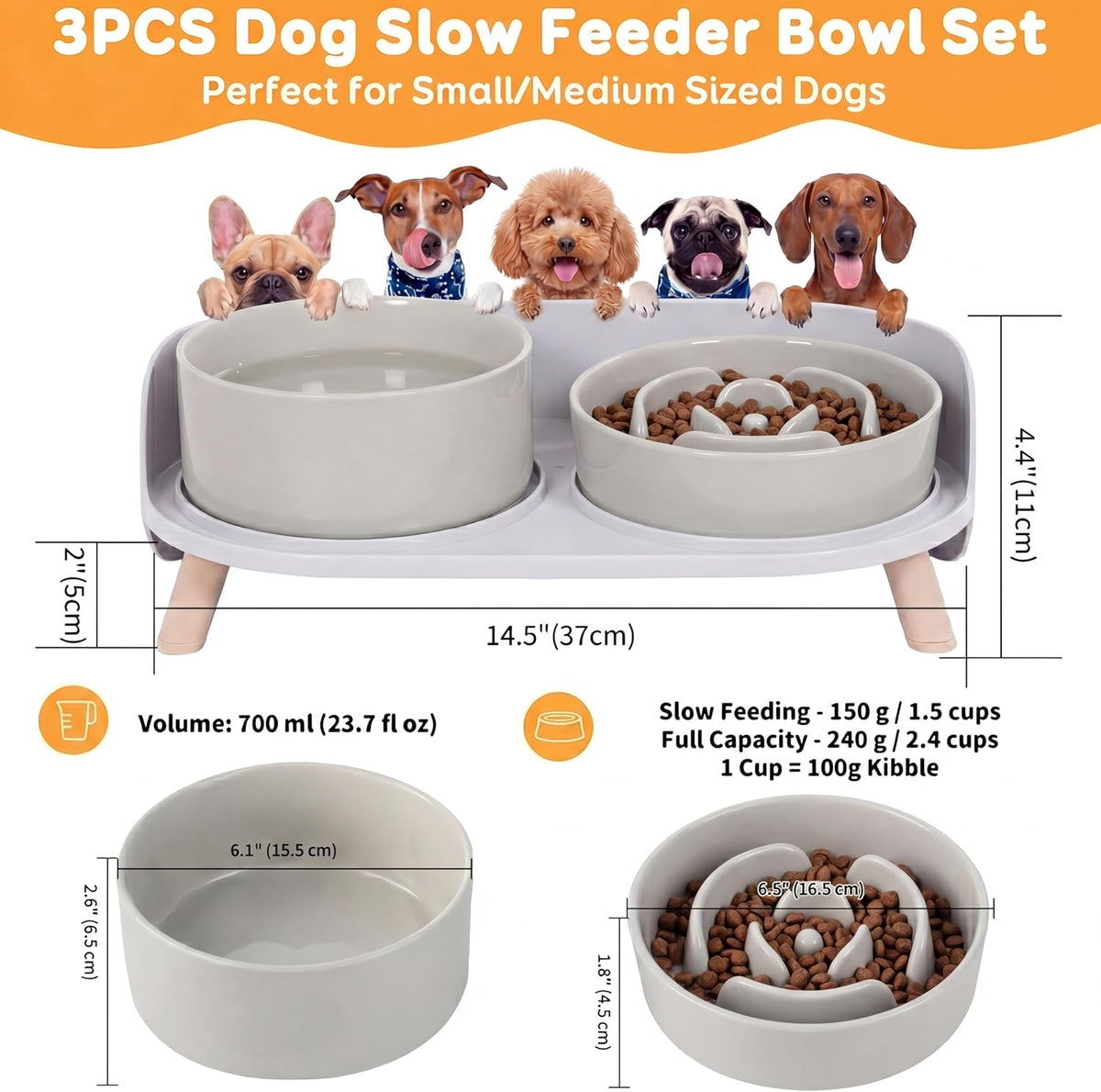 Elevated Slow Feeder Dog Bowls with Splash Proof Stand - Medium / Grey - image 4