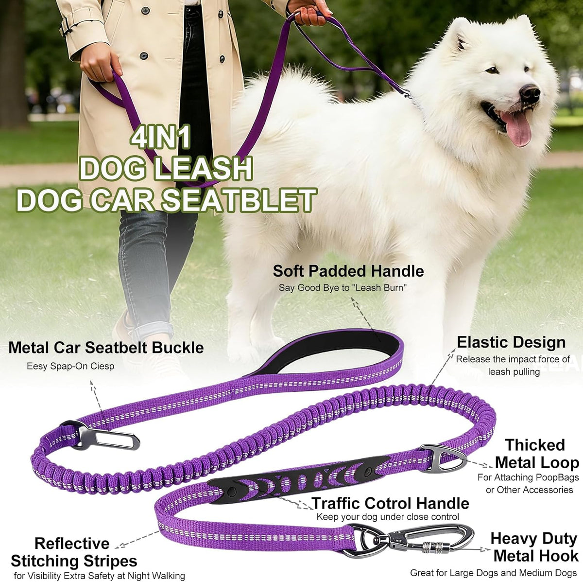 Dog Leash Heavy Duty, Bungee Leash Reflective Car Seat Belt for Dogs Brown – Essentials for Dogs - Purple - image 3