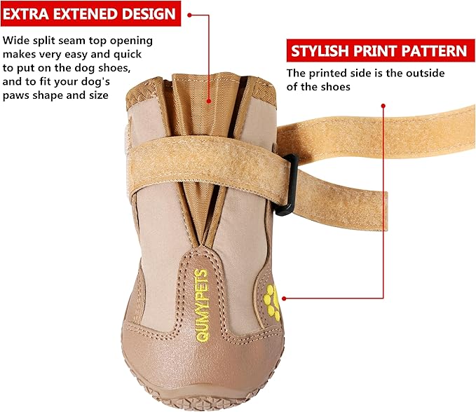 QUMY Dog Shoes for Large Dogs, Medium Dog Boots & Paw Protectors for Winter Snowy Day, Summer Hot Pavement, Waterproof in Rainy Weather, Outdoor Walking, Indoor Hardfloors Anti Slip Sole Khaki 7