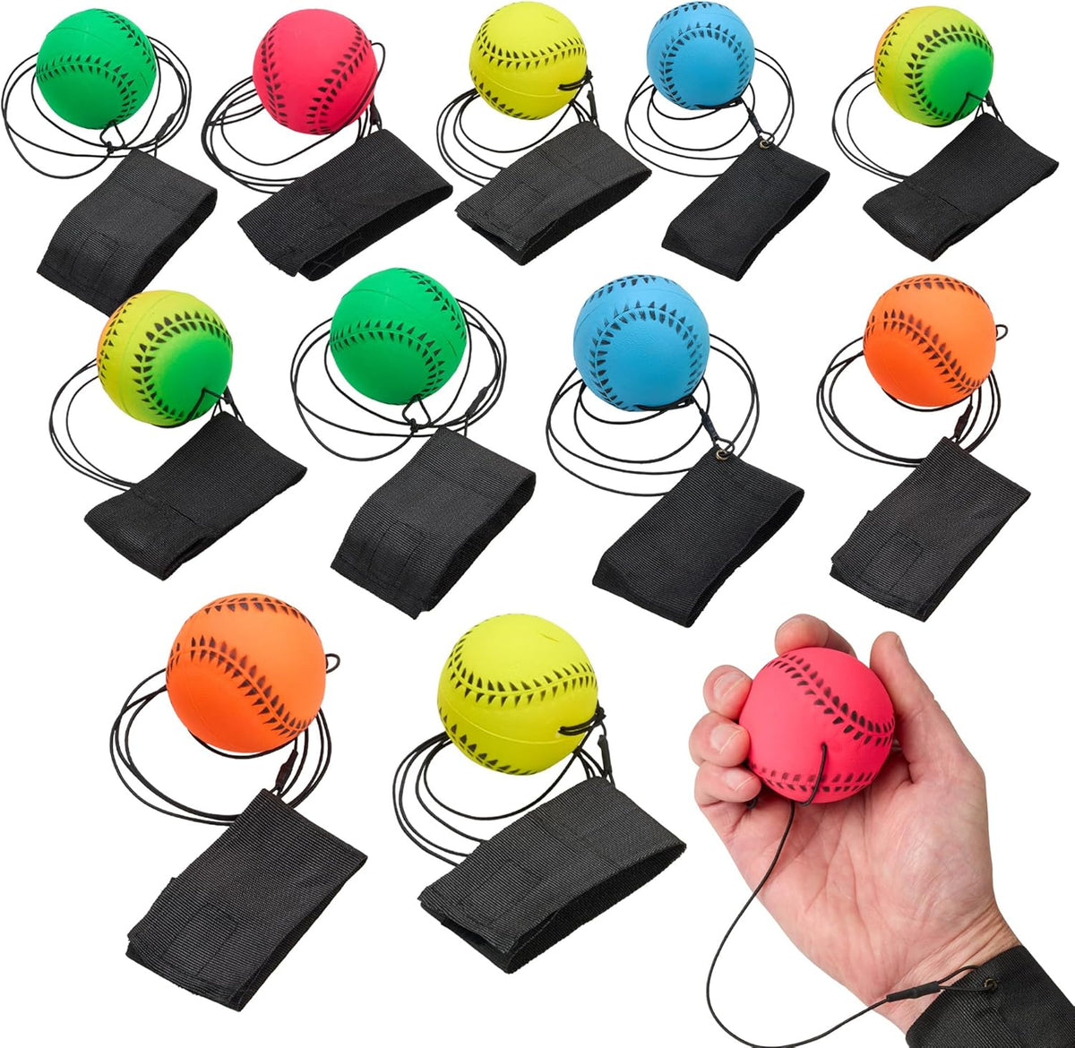 Playbees 12 neon wrist baseballs on elastic cords with Velcro wristbands