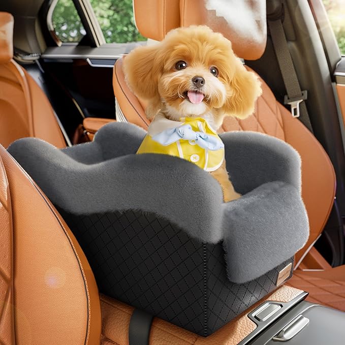 Portable Small Dog Seat for Car(Up to 11LB),Luxury Center Console Dog Car Seat Booster with Safety Tethers,Auti-Collapse Pet Travel Carrier for SUV,Truck.(Black/Grey)