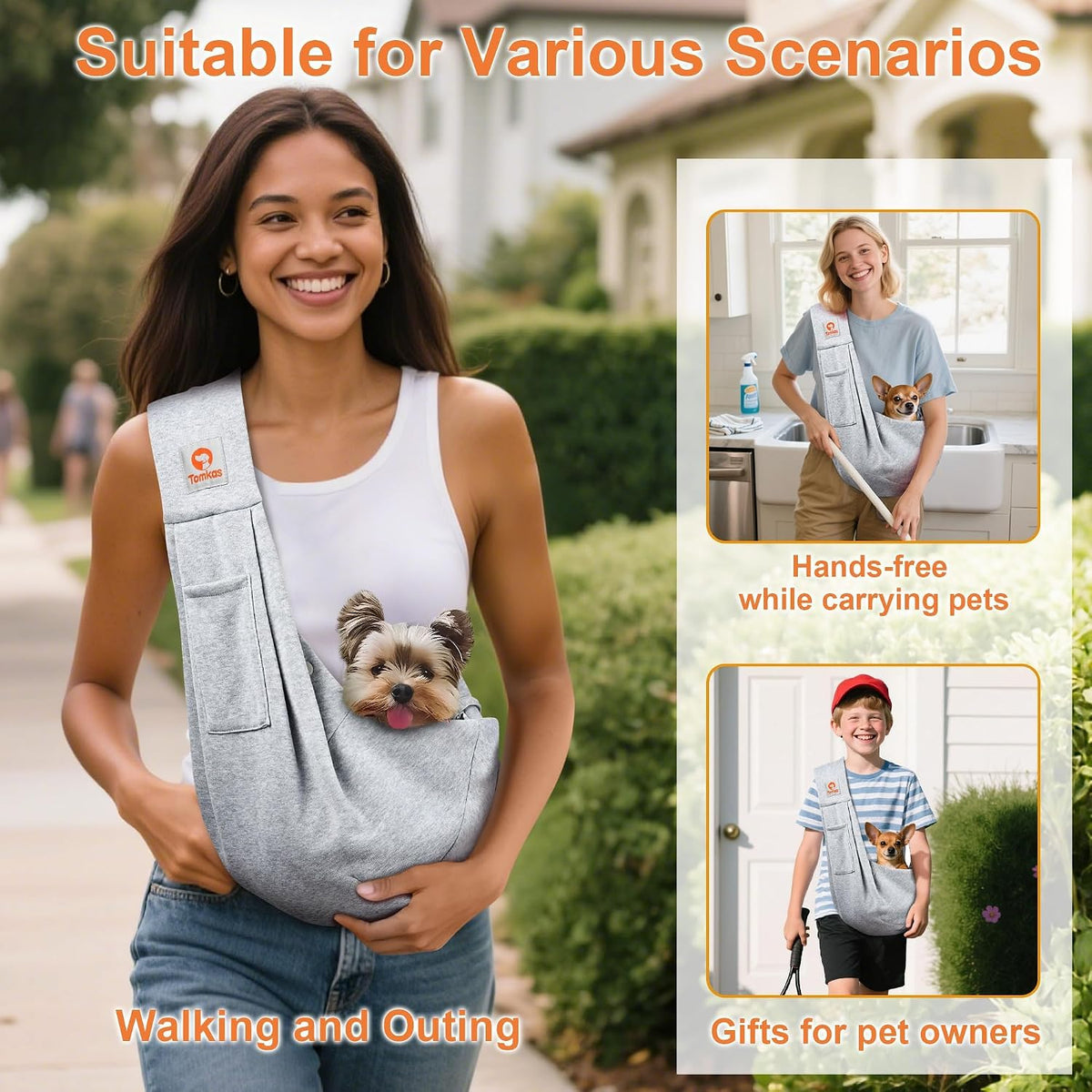 Tomkas Small Dog Sling Carrier, Classic Pocket & Classic Strap - Grey / M - Classic Pocket & Classic Strap - image 2
