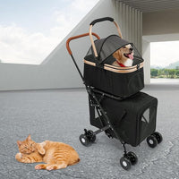 Double Pet Stroller for Dogs and Cats, Foldable Dog Stroller Travel Carriage with Detachable Carriers, Safety Belts, and 4 Lockable Wheels for Small to Medium Pets (Black)