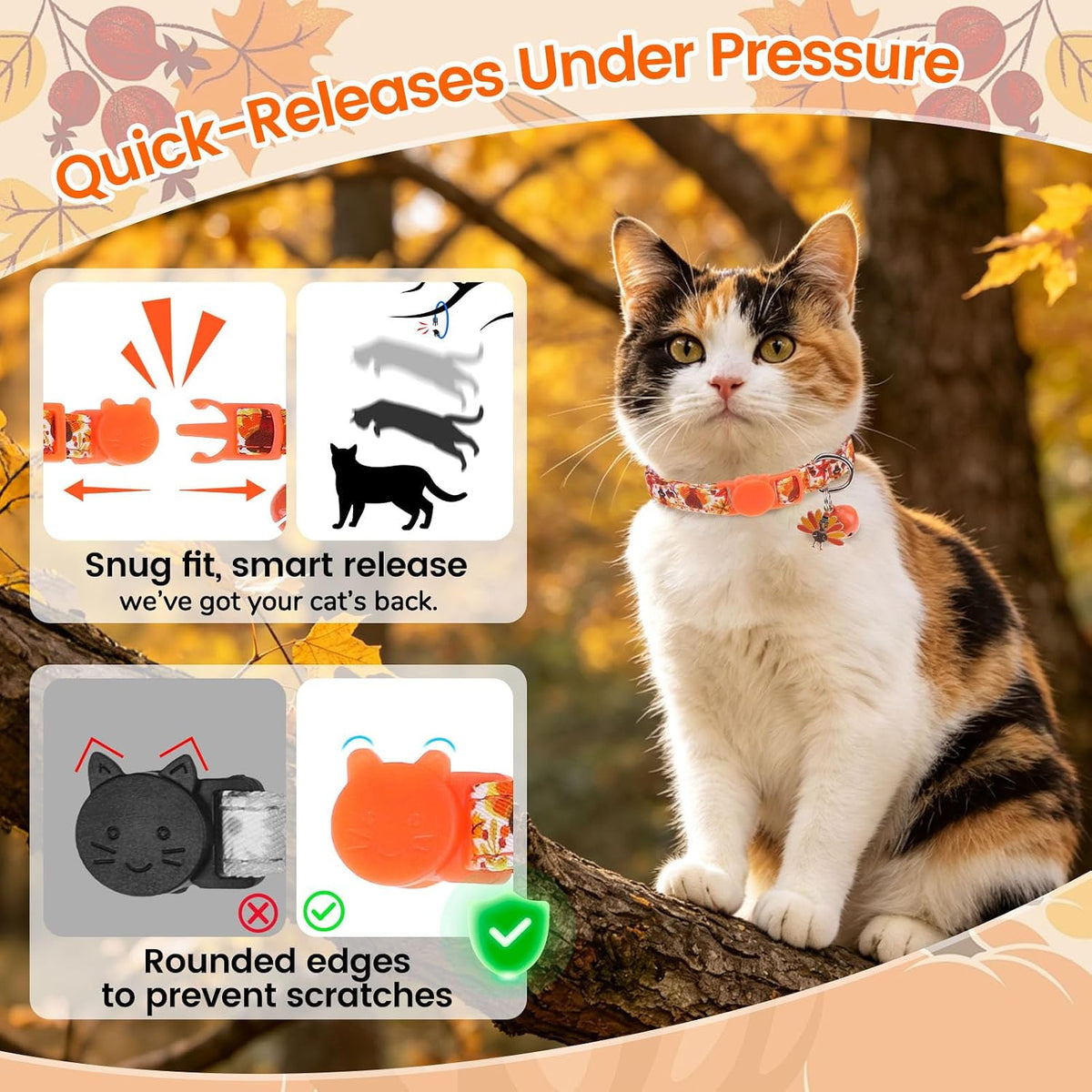 BINGPET Halloween Cat Collar Breakaway - Fall(Orange + Green + Black) - image 2