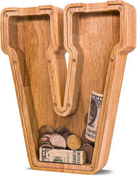 JOOMLAFLY Wooden Letter Piggy Bank for Kids 9"Clear Coin Bank - V / Initial-9"