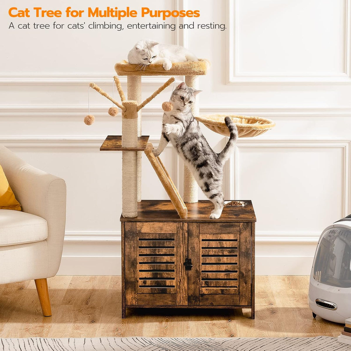 HOOBRO Cat Tree with Litter Box Enclosure - Rustic Brown - image 4