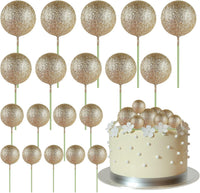 ASTARON 20 Pcs Gold Balls Cake Topper Decorations for Birthday Cake - Glitter Champagne Gold
