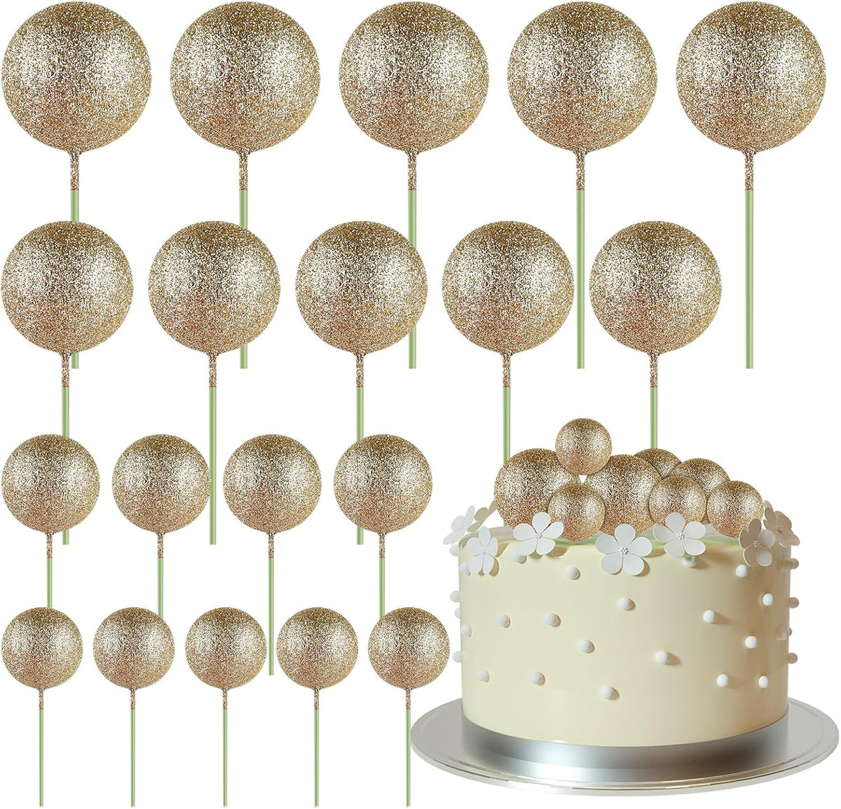 ASTARON 20 Pcs Gold Balls Cake Topper Decorations for Birthday Cake - Glitter Champagne Gold