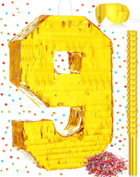 Sratte gold foil number piñata set with gold blindfold, piñata stick and bag of confetti