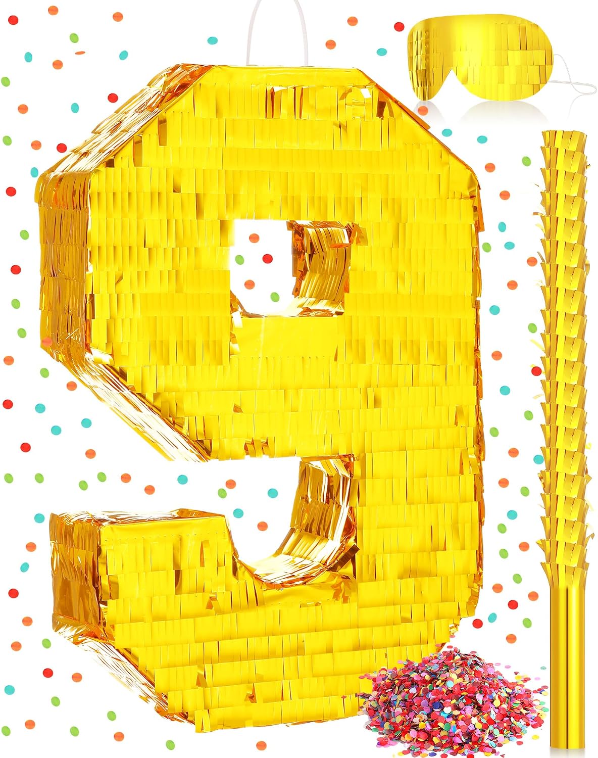 Sratte gold foil number piñata set with gold blindfold, piñata stick and bag of confetti