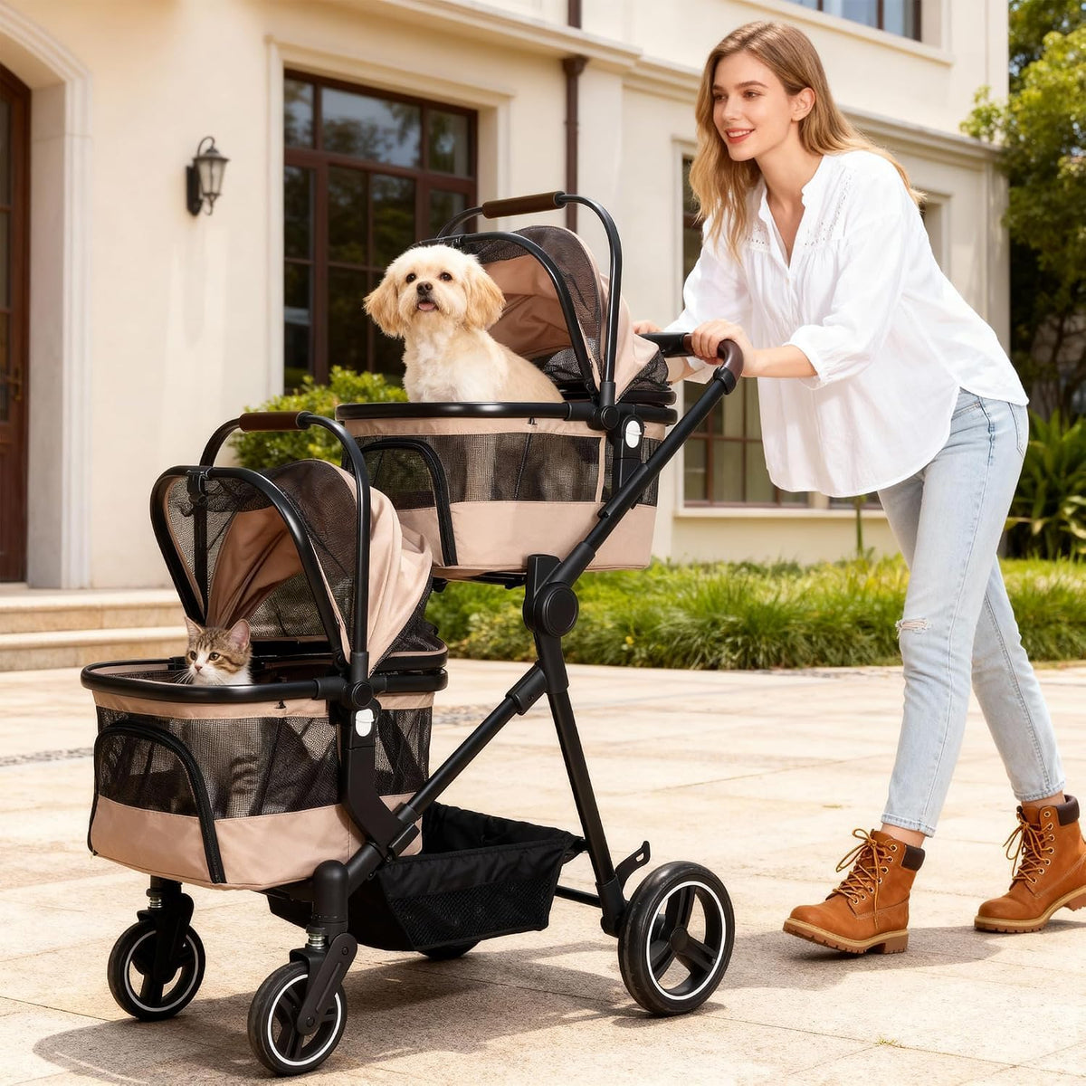 Foldable Double Pet Stroller for 2 Small Medium Cats Dogs – Essentials for Cats - Khaki / Double - image 2