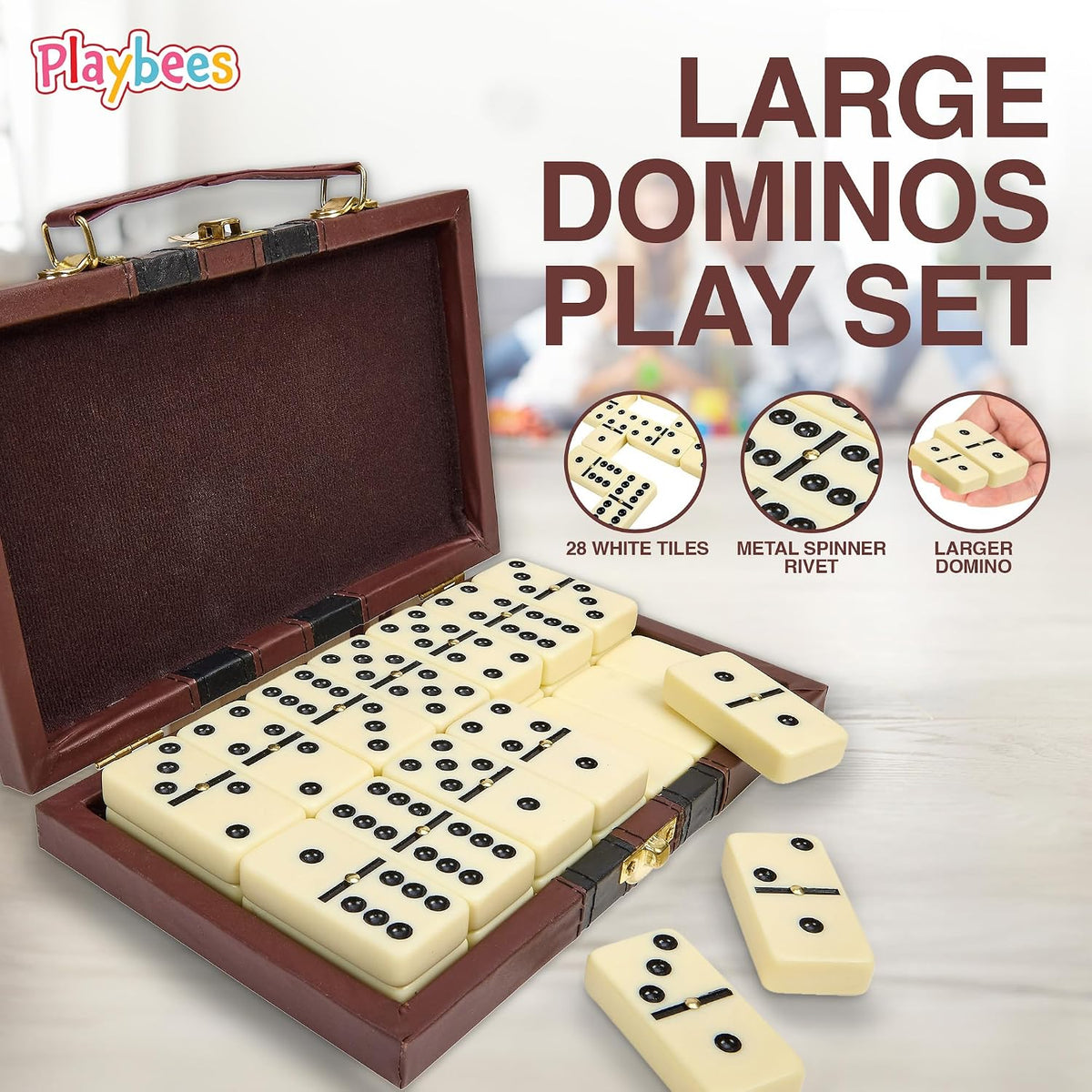 Jumbo Double Six Dominoes Set for Adults, Black Tiles - Double-6 | Jumbo White | Brown Case - image 3