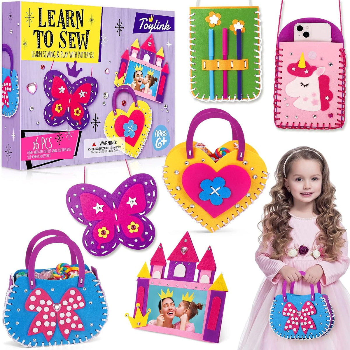 Toylink first sewing kit for kids with felt unicorn purse, bags, photo frame and pen holder projects