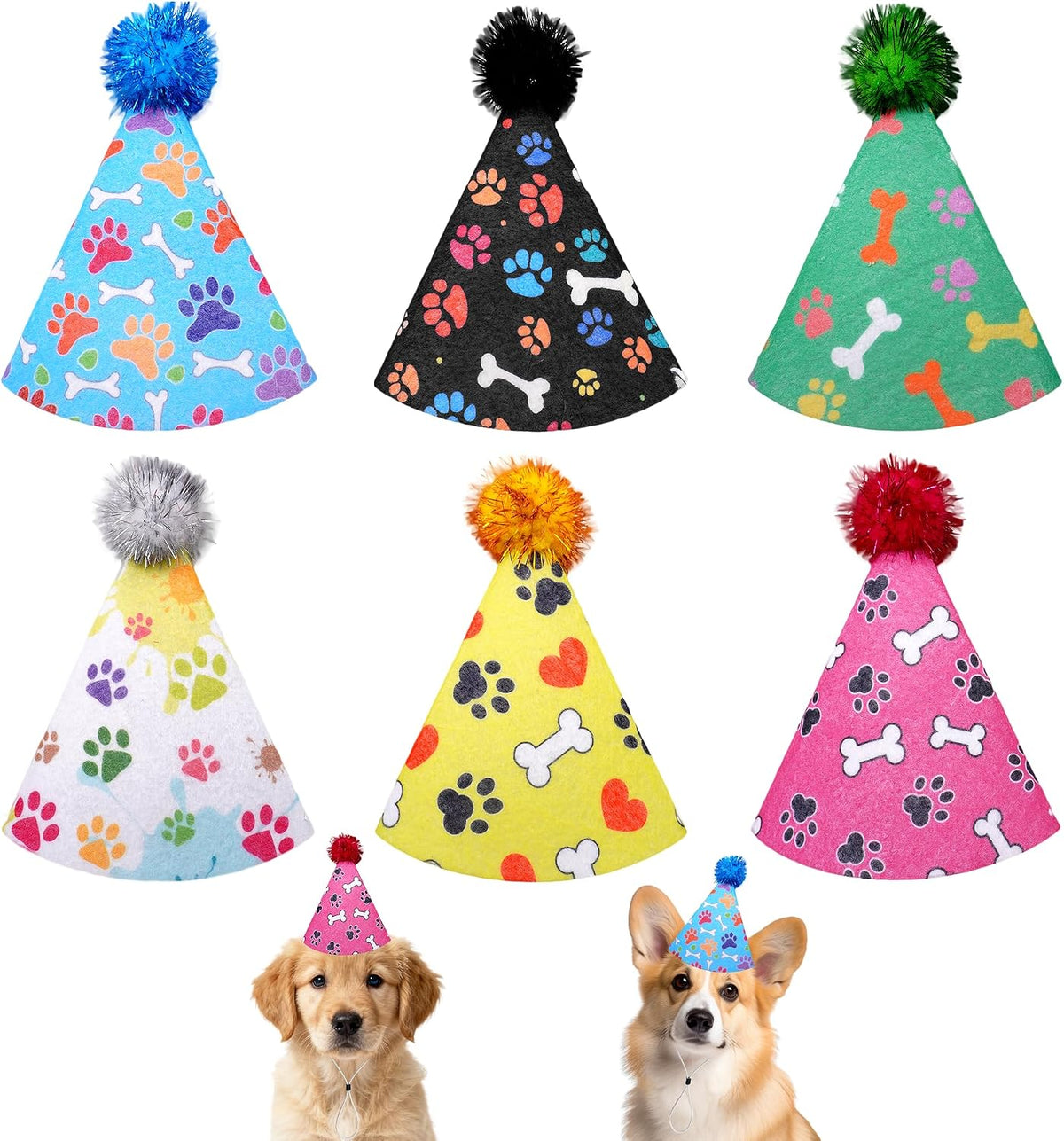 6PCS Dog Birthday Party Hats Felt for Small Medium Dogs Paw Bone – Essentials for Dogs - Party Hat / Small/Medium