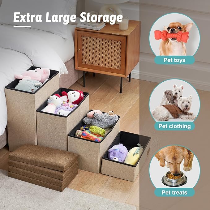 Dog Stairs with Storage, 4-Step Wider Sturdy Dog Steps for Small/Medium/Large Dogs and Older Cats, Folding Doggie Ramp for Bed/Couch/Car Hold Up to 180 lbs (22" H, Grey)