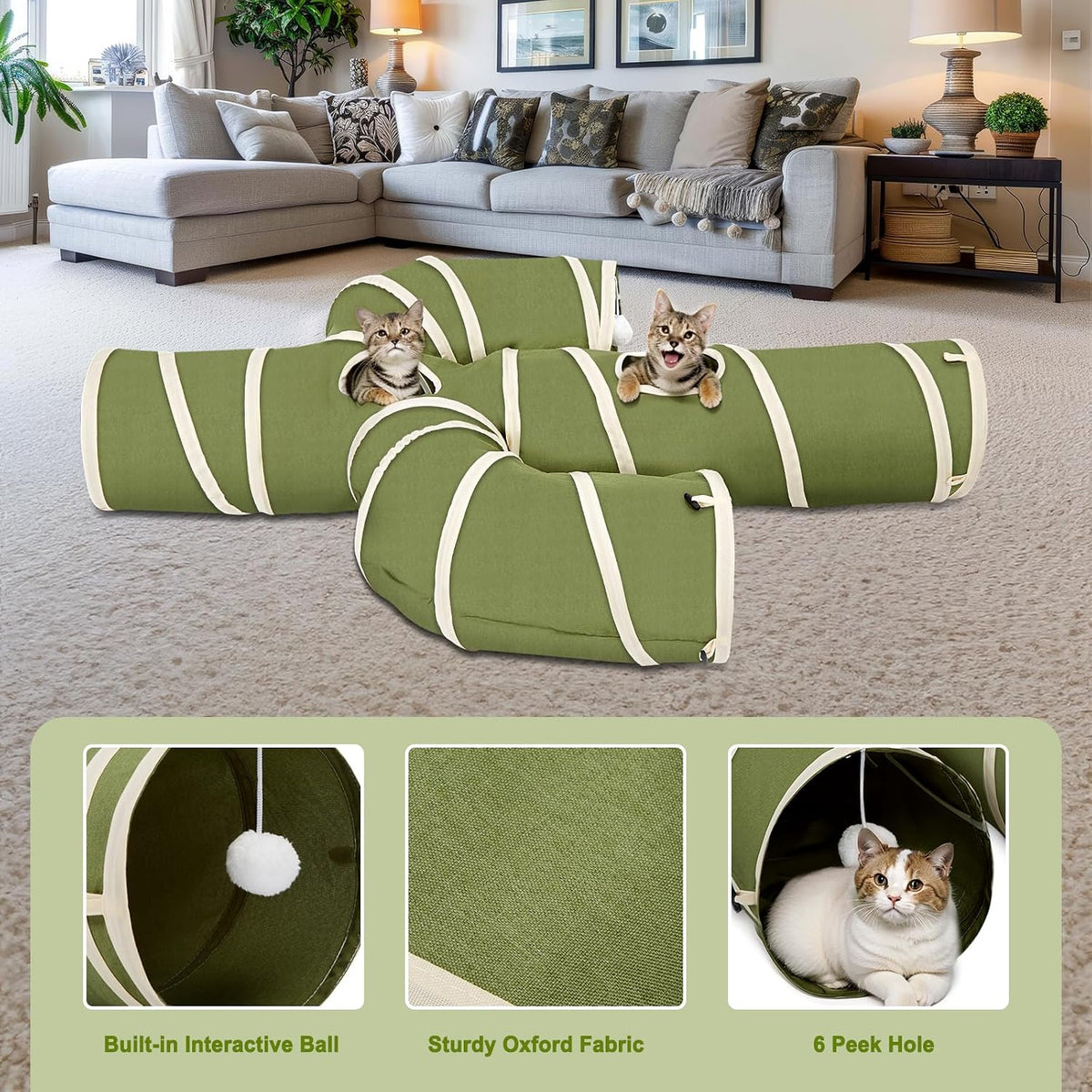Ownpets Cactus Cat Tunnel 12" with Peek Holes for Indoor Large Cat - Cactus Shape Green / 10 Inches in Diameter - image 2