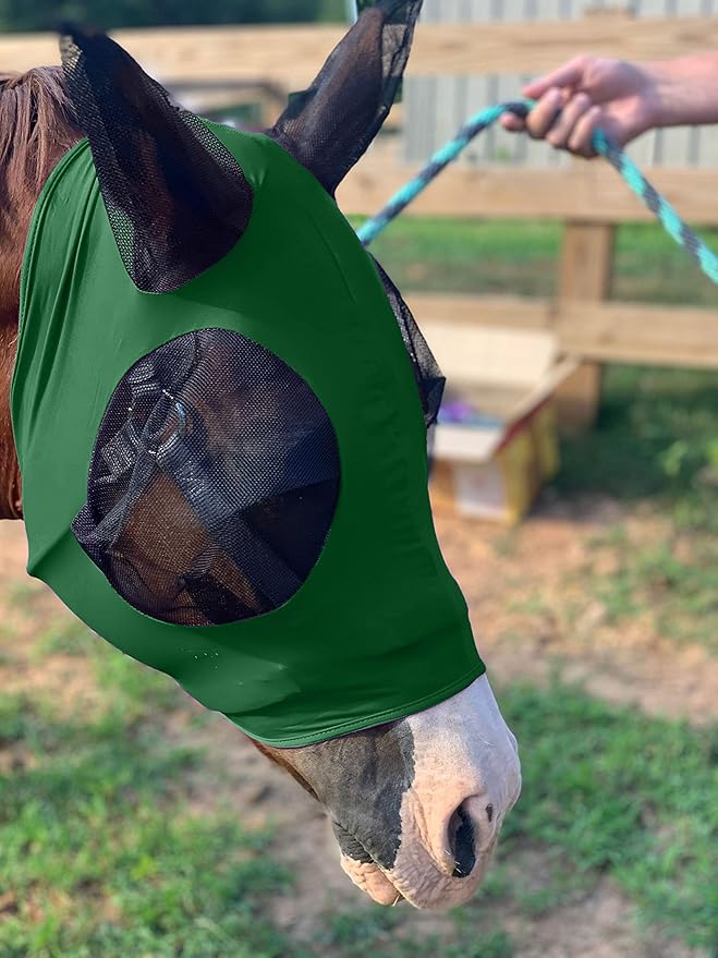 Horse Fly Mask - Arab Equine Fly Mask with Full Coverage for Eye & Ear - Stretchable, UV & Sun Protection Flymask for Horses, Ponies & Mini Horses - Horse Face Cover for Pasture & Trail - Green