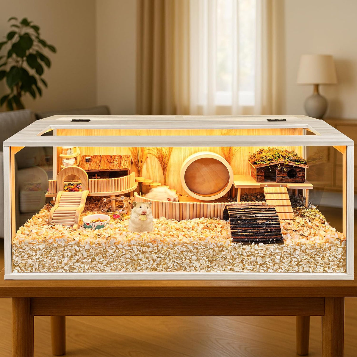 Hamster Cage Chewproof, Large Hamster Cages and Habitats - Natural Oak Wood / 48"L x 20"W x 20"H / Openable Wooden Roof - image 2