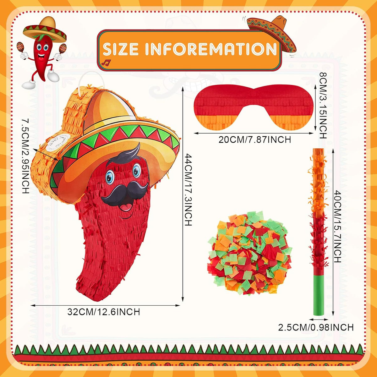 Lewtemi 17.3 inch red chili pepper pinata set with blindfold, pinata stick and confetti - view 18